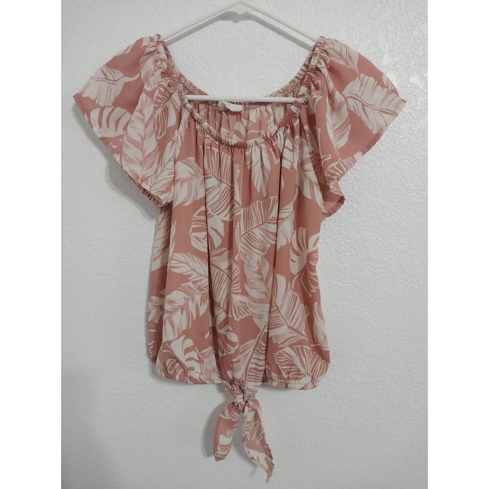 Sienna Sky Womens Pink White Tropical Palm Leaf Size XS Blouse Flutter Sleeve